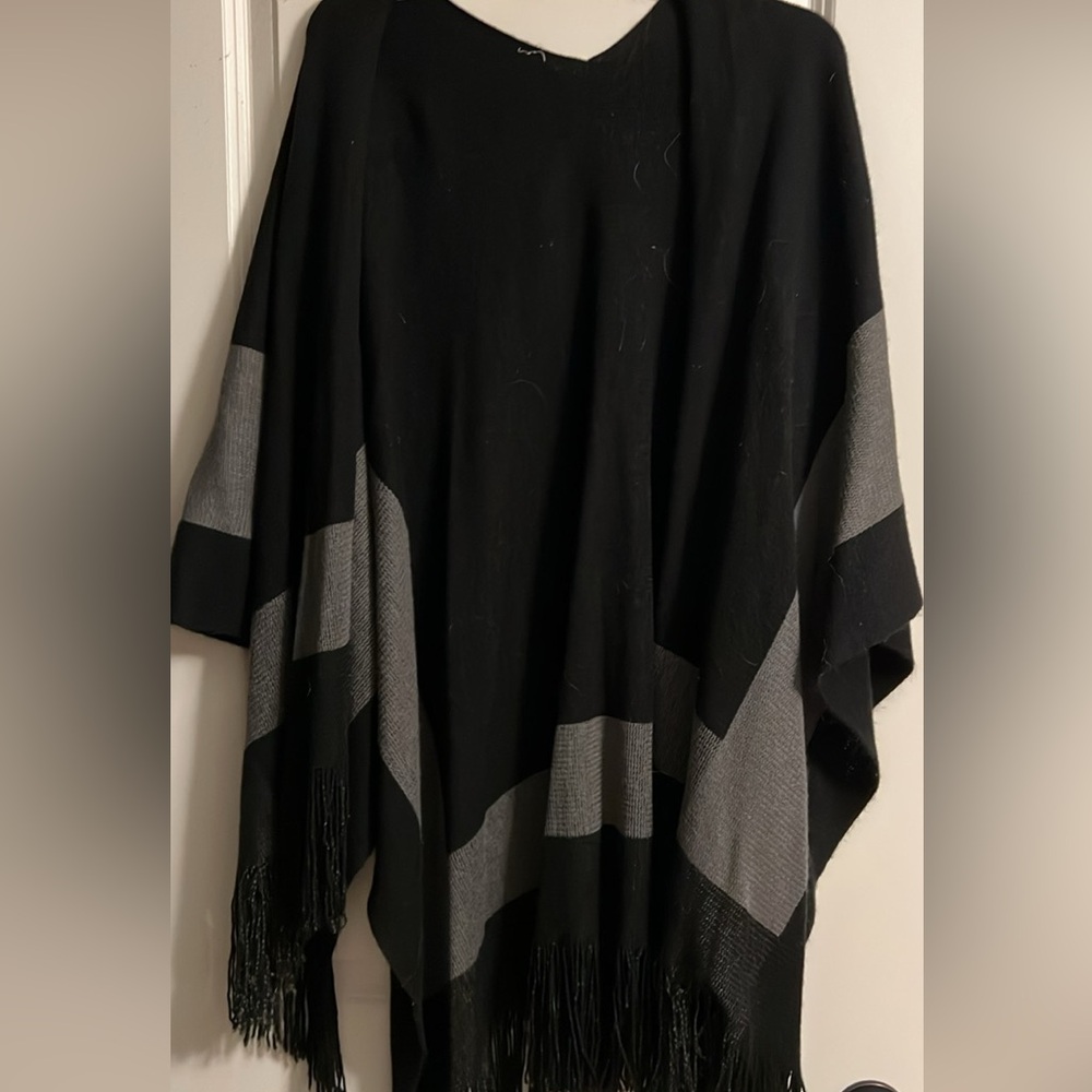 BCBG Black and Gray Fringed Poncho